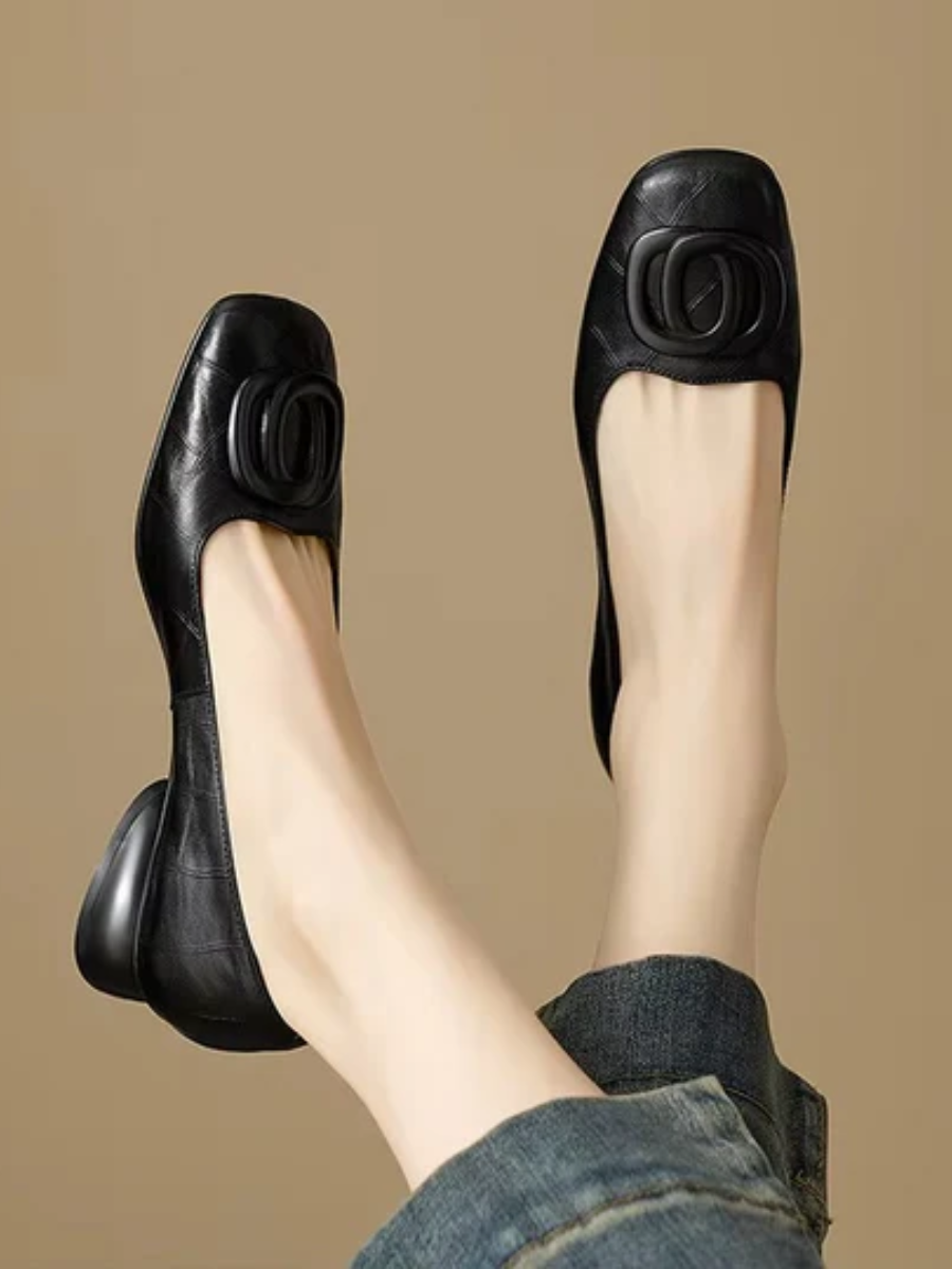 Square Toe Rosette Low Block Heel Flats