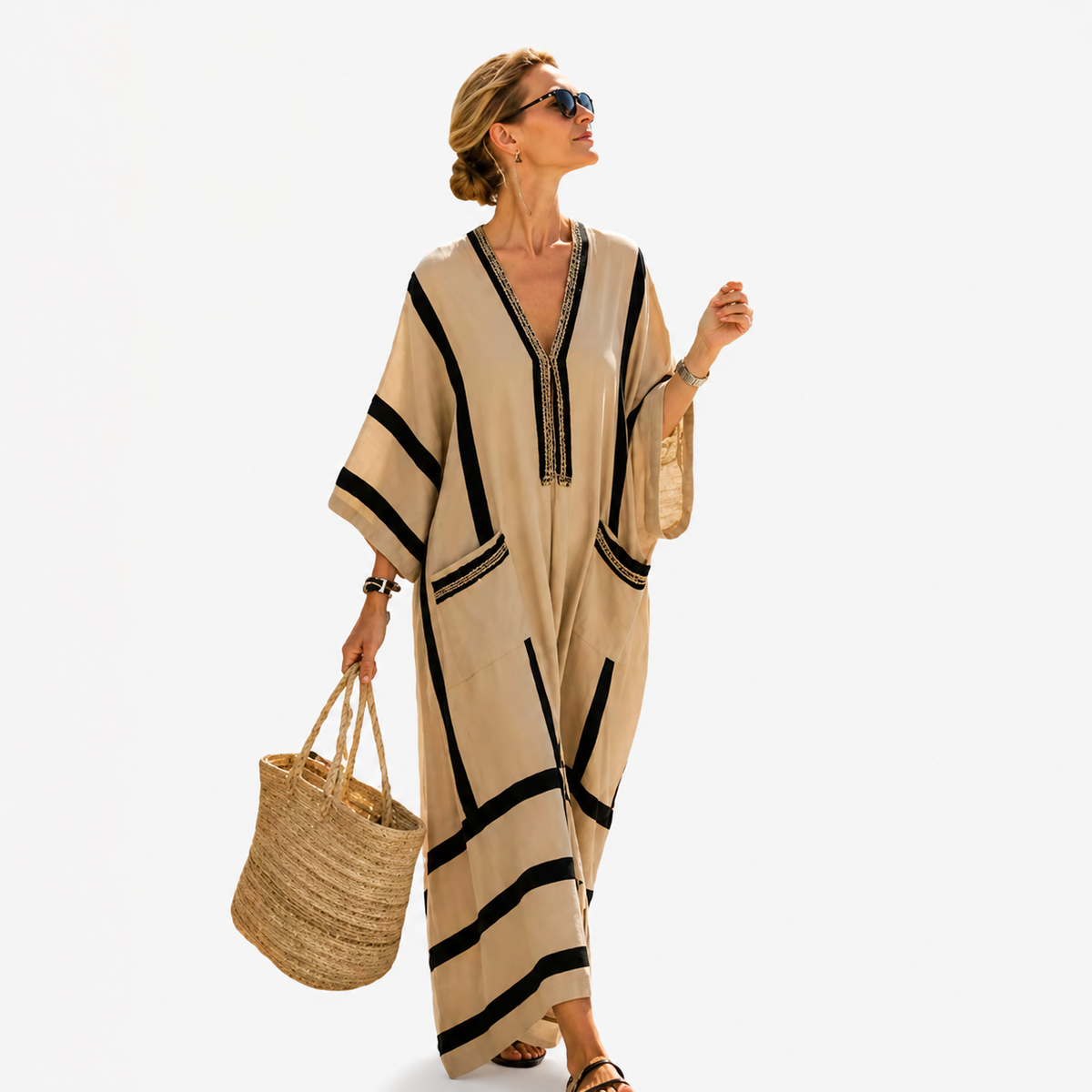Striped V-Neck Batwing Sleeve Kaftan Maxi Dress