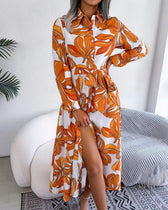 Floral Print Lapel Shirt Dress with Contrast
