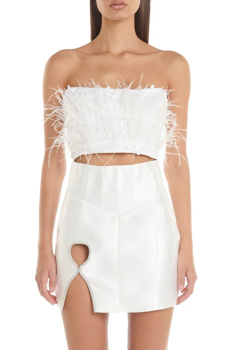 Strapless Sequin Feather Trim Cut Out Bodice Mini Dress 2