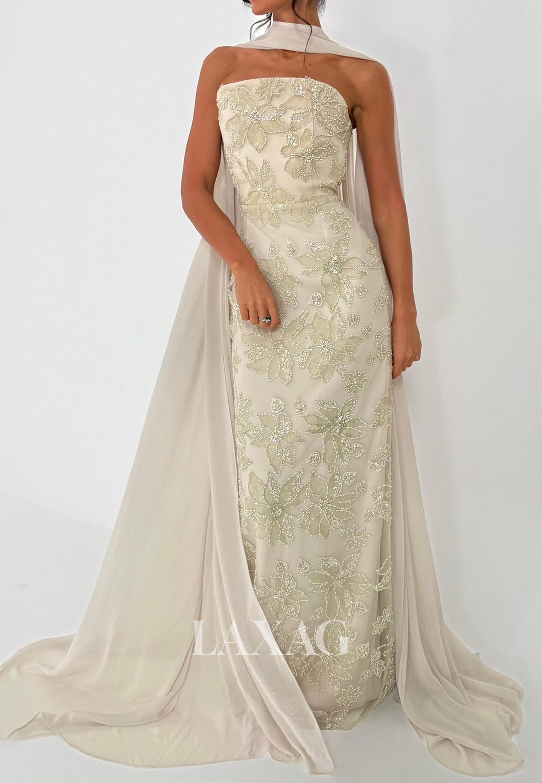 Tube Top Sleeveless Satin Mermaid Evening Dress Beaded Applique Formal Gowns with Chiffon Overlay