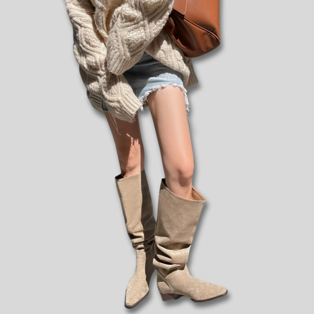 Suede Look Pointed Toe Slouchy Knee High Boots