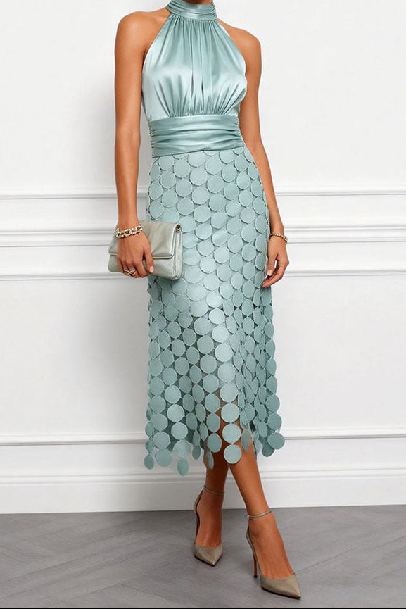 Halter Neck Satin Bodice Laser Cut Disc Midi Dress