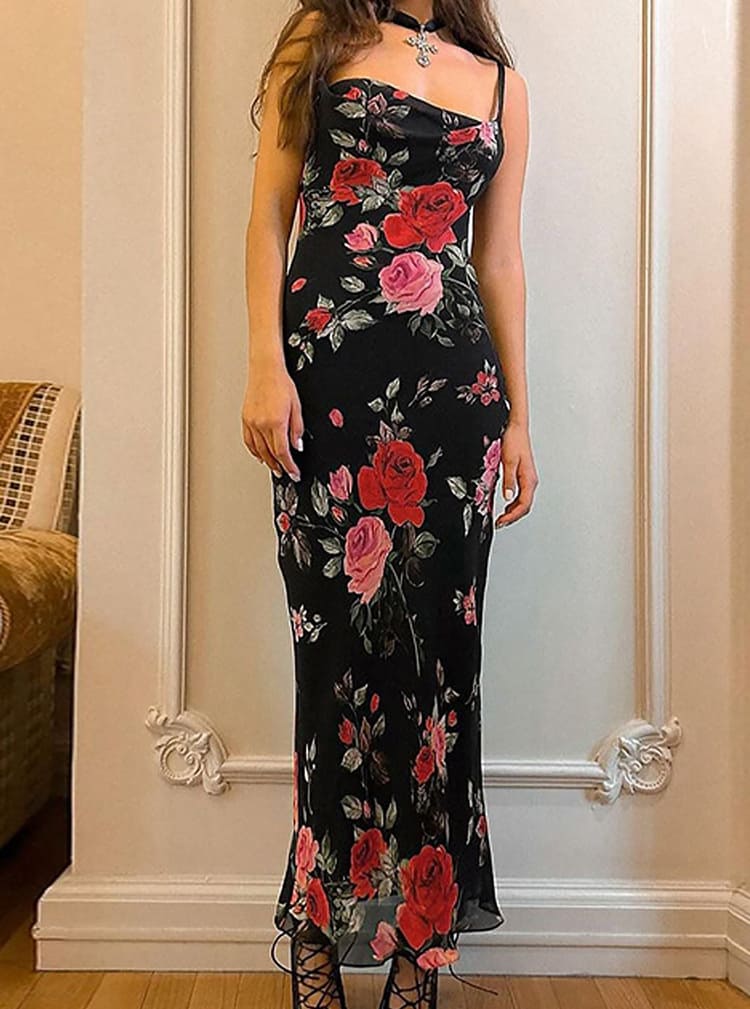 Rose Floral Print Mesh Cowl Neck Spaghetti Strap Maxi Dress