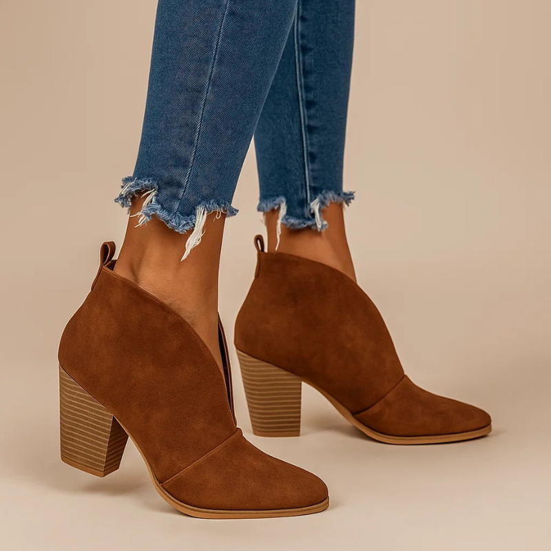 Pointed Toe Cut Out V Front Block Heel Ankle Boots 5