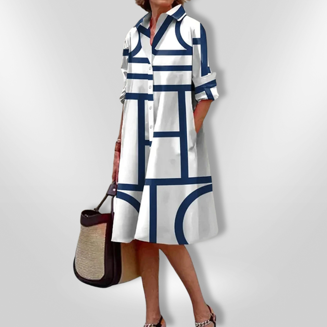 Geometric Print Collared Button Front A-Line Midi Shirt Dress