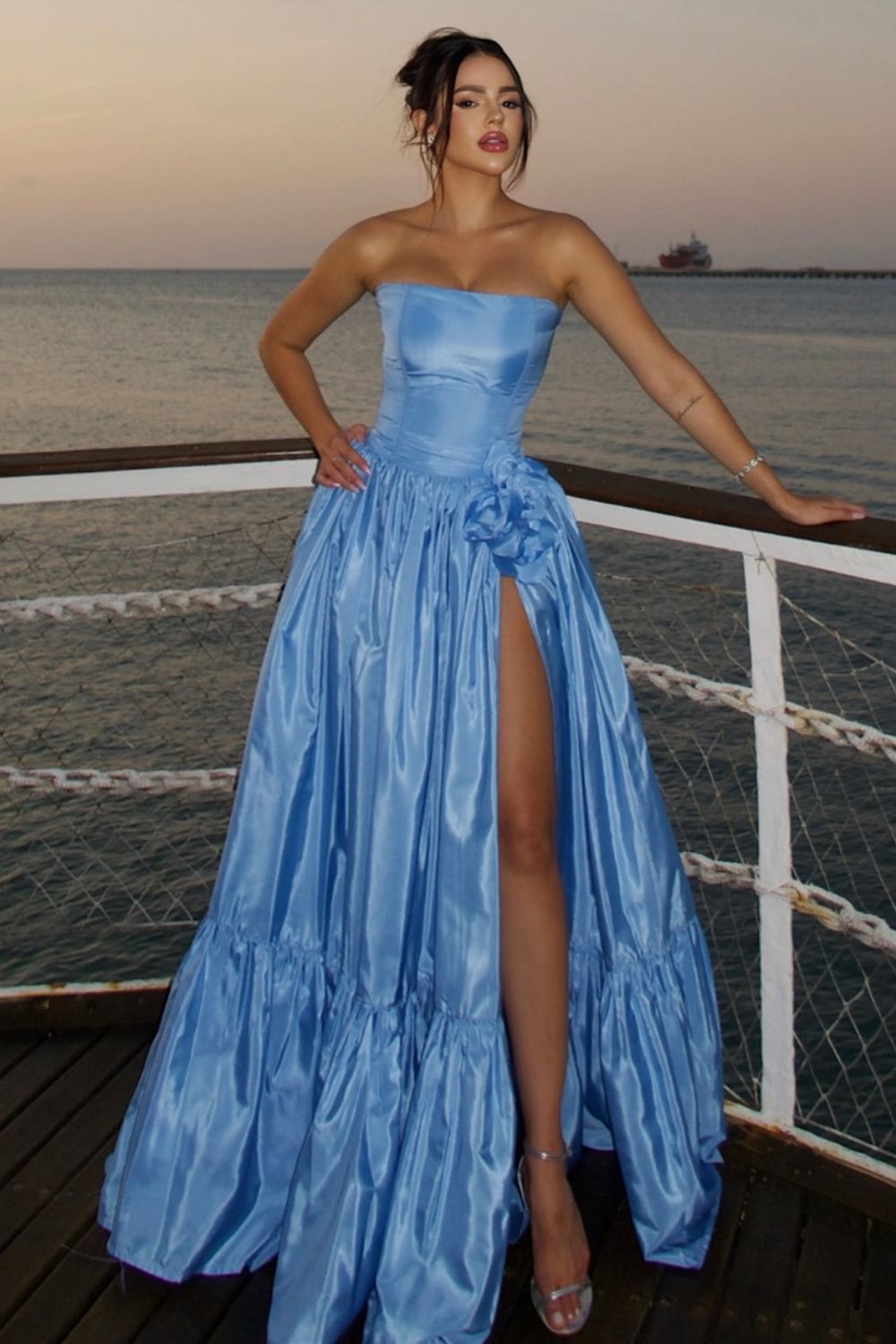 Charming A Line Strapless Blue Satin Long Prom Dress with Split Front