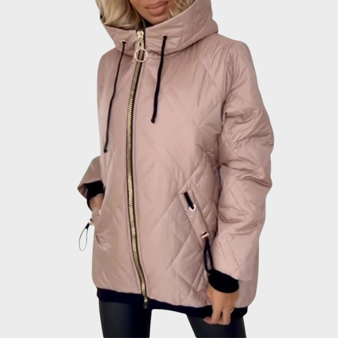 Quilted Hooded Drawstring Zip Front Jacket