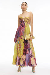 Floral Print Spaghetti Strap Bustier Pleated Maxi Dress 2