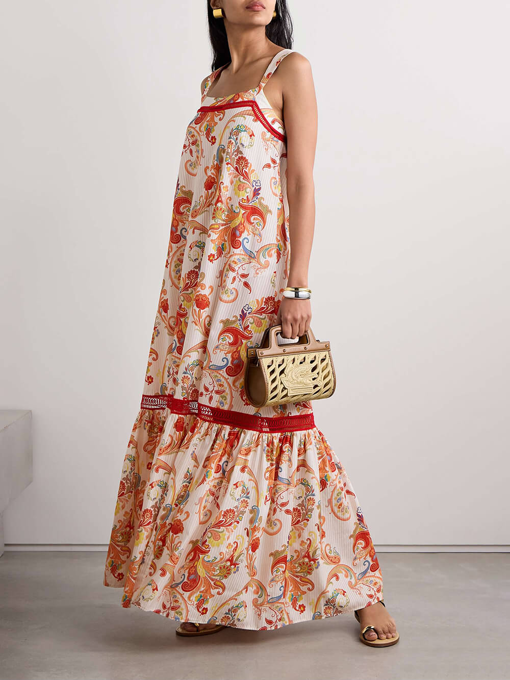 Paisley Print Square Neck Lace Trim Tiered Hem Sleeveless Maxi Dress