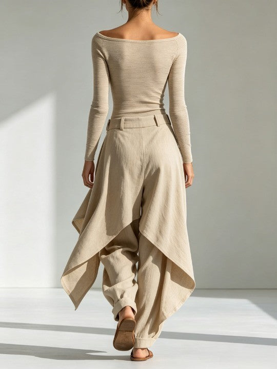 Boat Neck Long Sleeve Ribbed Top and Draped Wide Leg Pants Two Piece Set