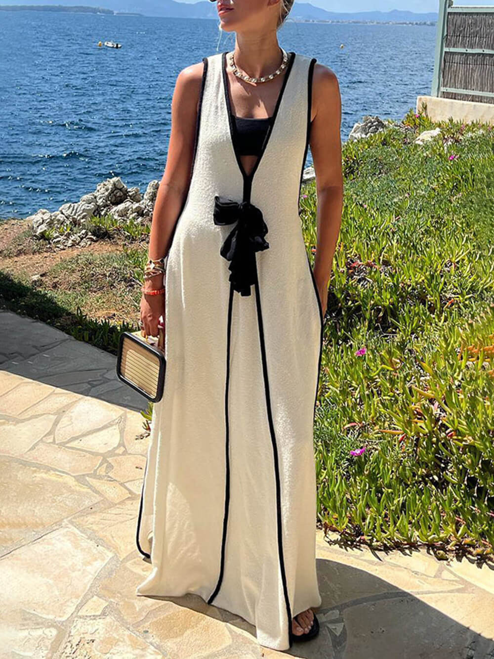 Contrast Trim Deep V-Neck Bow Tie Front Sleeveless Maxi Dress