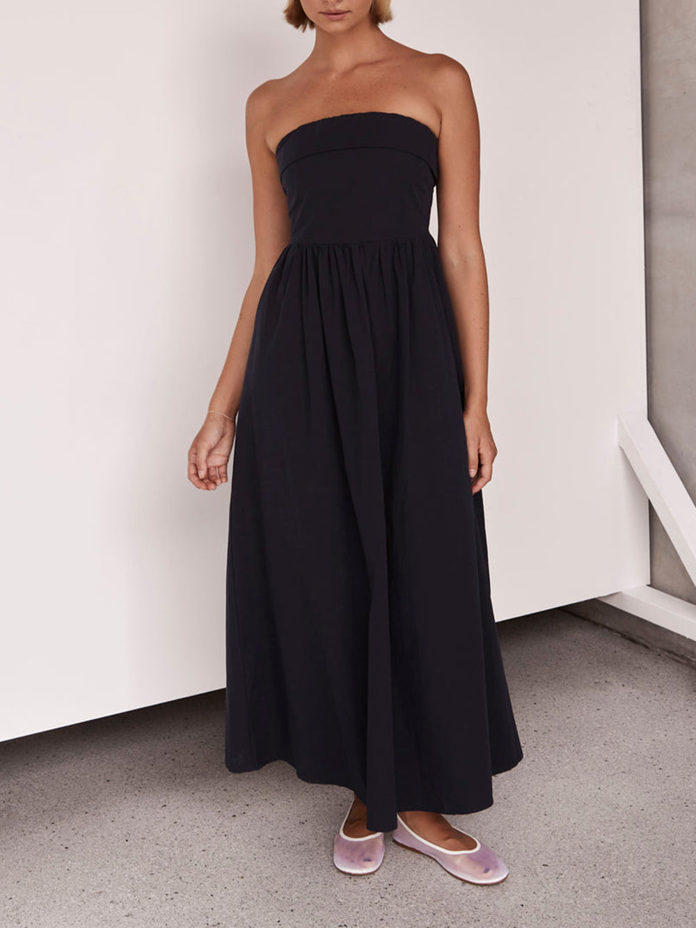 Strapless Fold Over Bandeau Gathered Waist A-Line Maxi Dress