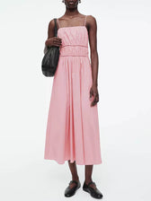 Suspender Pleated Stylish Waist Midi Dress Pink / S Dresses