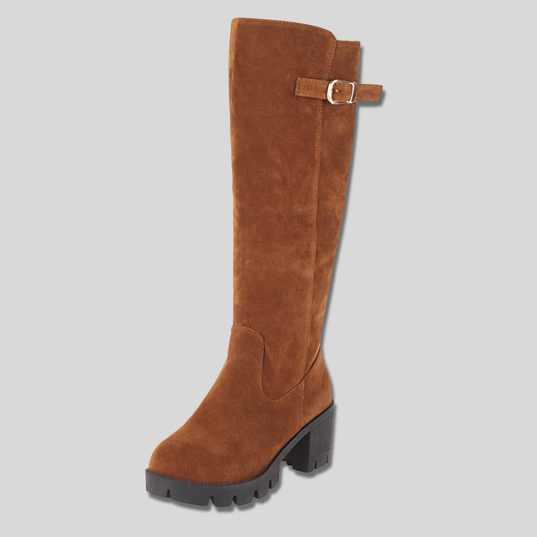 Suede Block Heel Lug Sole Knee High Boots