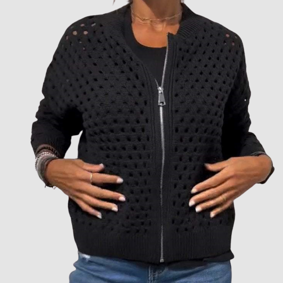 Open Knit Zip Front Bomber Cardigan