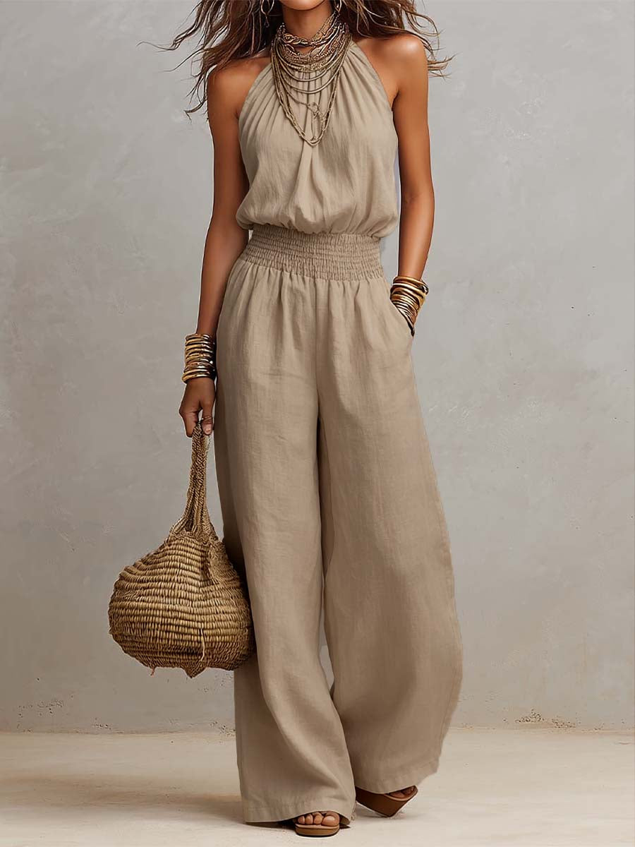 Halter Neck Smocked Waist Wide Leg Jumpsuit