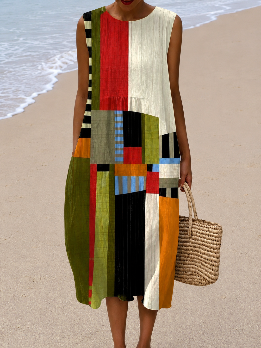 Abstract Geometric Print Sleeveless Crew Neck Midi Dress