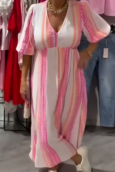Geometric Print V-Neck Puff Sleeve Maxi Dress