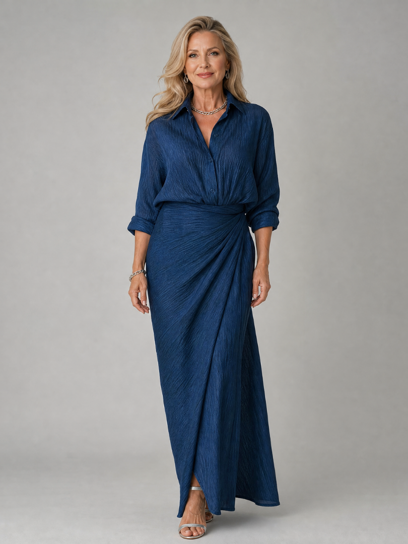 Collared Long Sleeve Wrap Front Maxi Shirt Dress