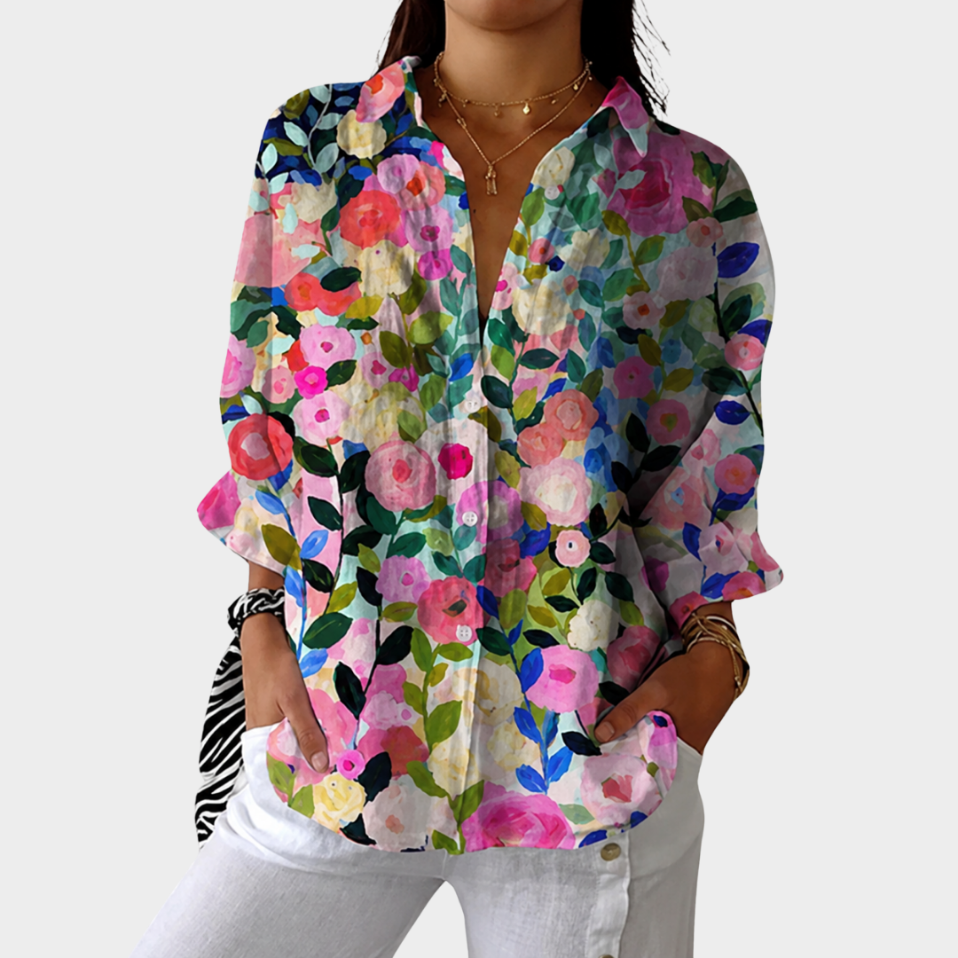 Floral Print Long Sleeve Button Front Blouse