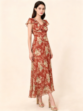 Floral Chiffon V-Neck Ruffle Sleeve A-Line Maxi Dress 4