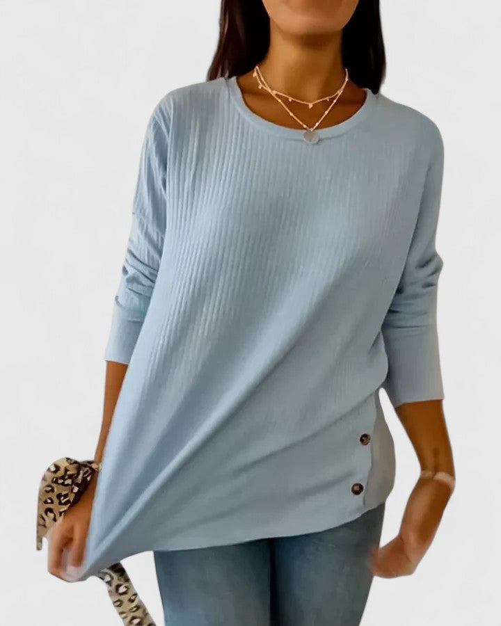 Crew Neck Long Sleeve Ribbed Side Button Top