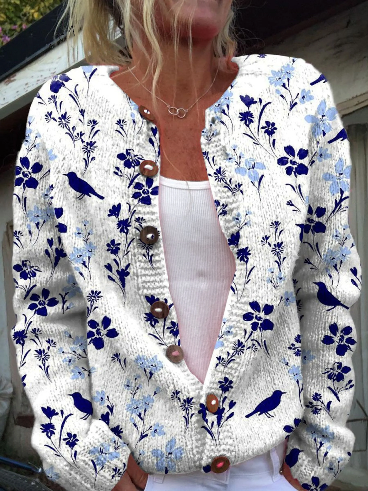 Floral Bird Print Button Front Knit Cardigan