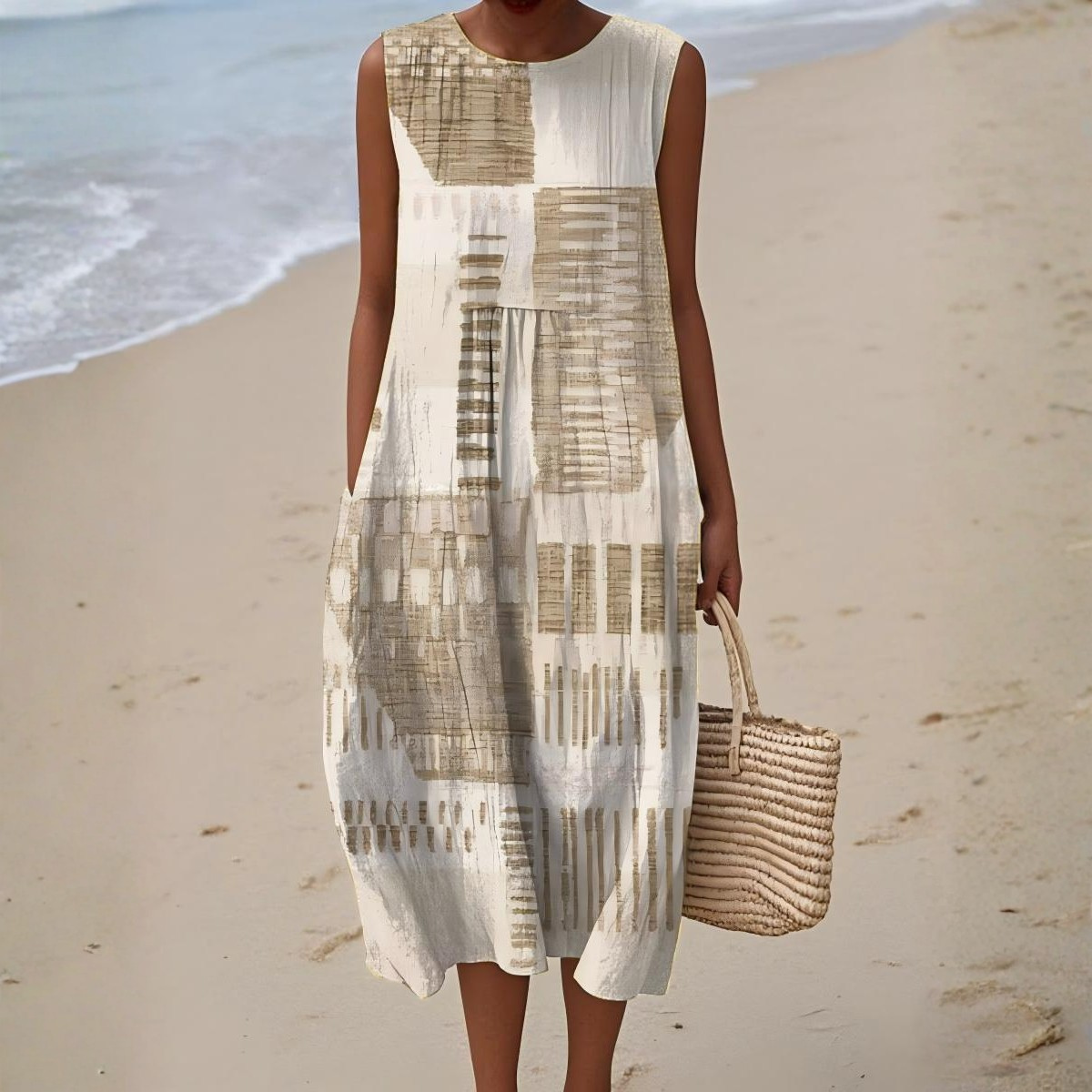 Abstract Print Crew Neck Sleeveless Pocket Midi Dress
