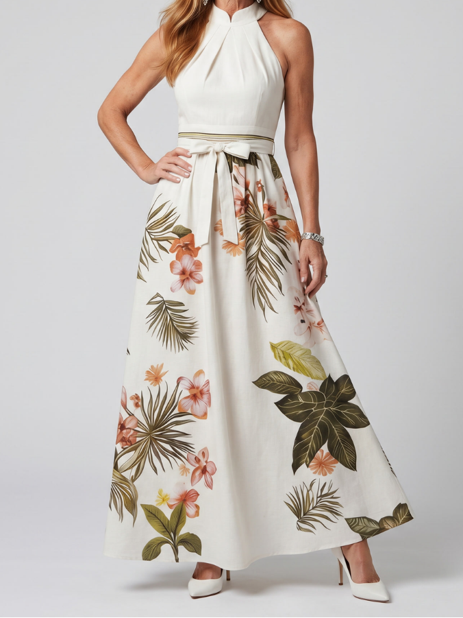 Halter Neck Tie Waist Botanical Floral Maxi Dress