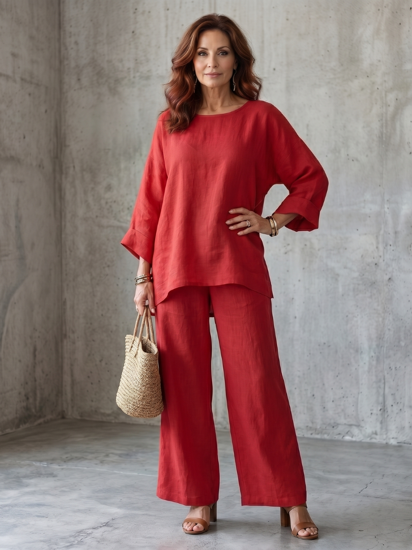 Round Neck Oversized Tunic and Wide Leg Pants Two Piece Set