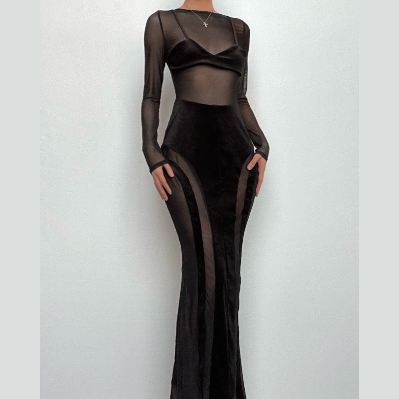 Sheer Mesh and Velvet Panel Long Sleeve Round Neck Mermaid Maxi Dress