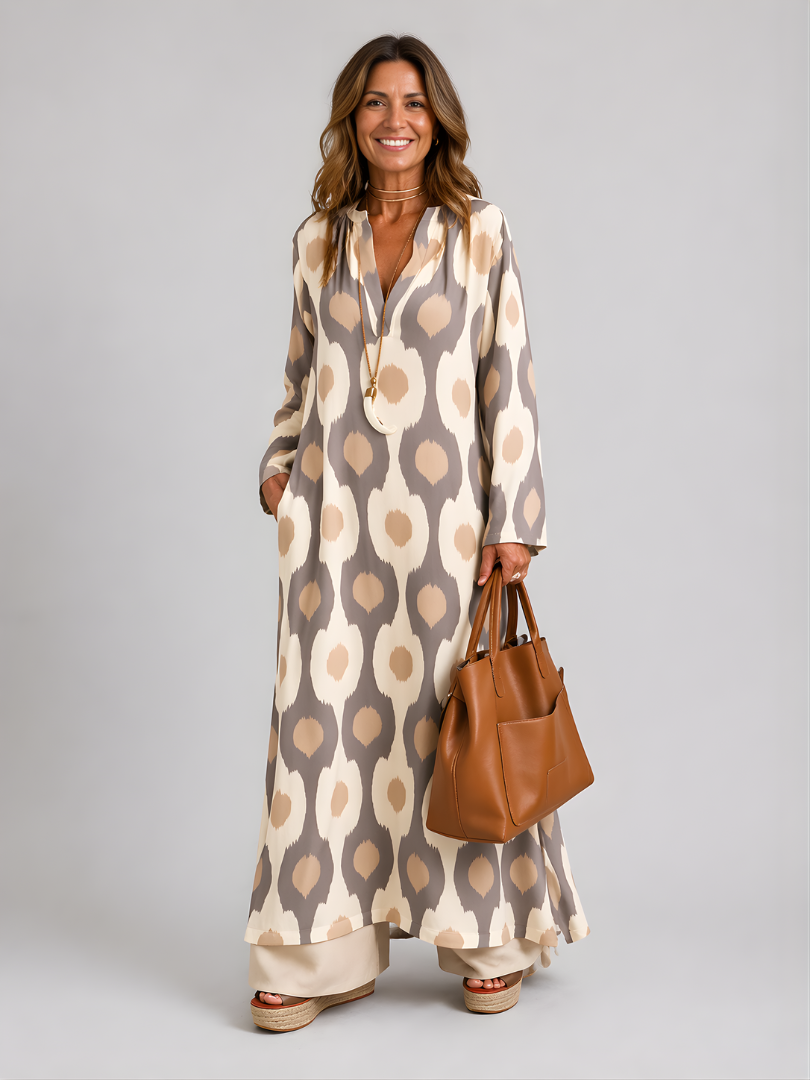 Ikat Print Long Sleeve Split Neck Maxi Dress