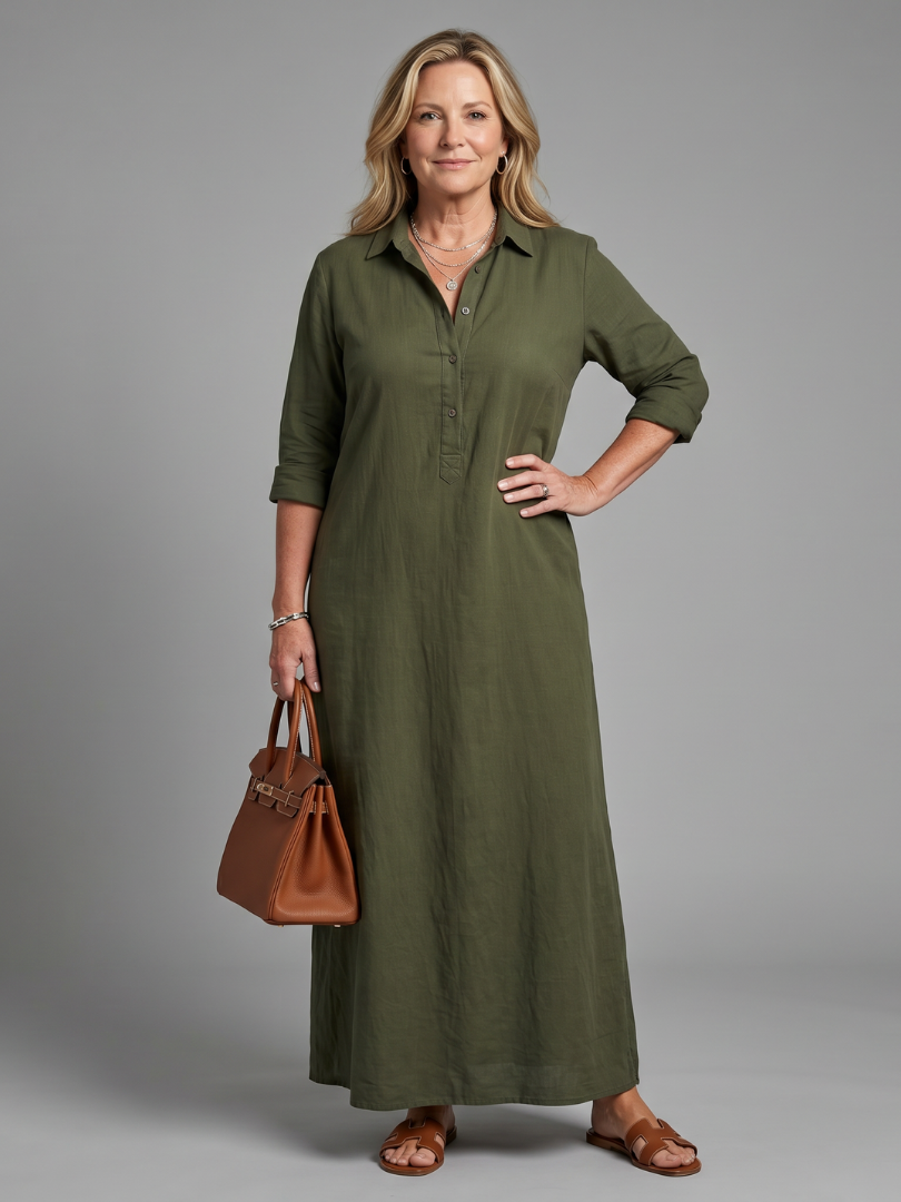 Collared Button Placket Long Sleeve Shirt Maxi Dress