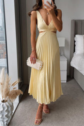 Satin V-Neck Cut Out Pleated Midi Dress
