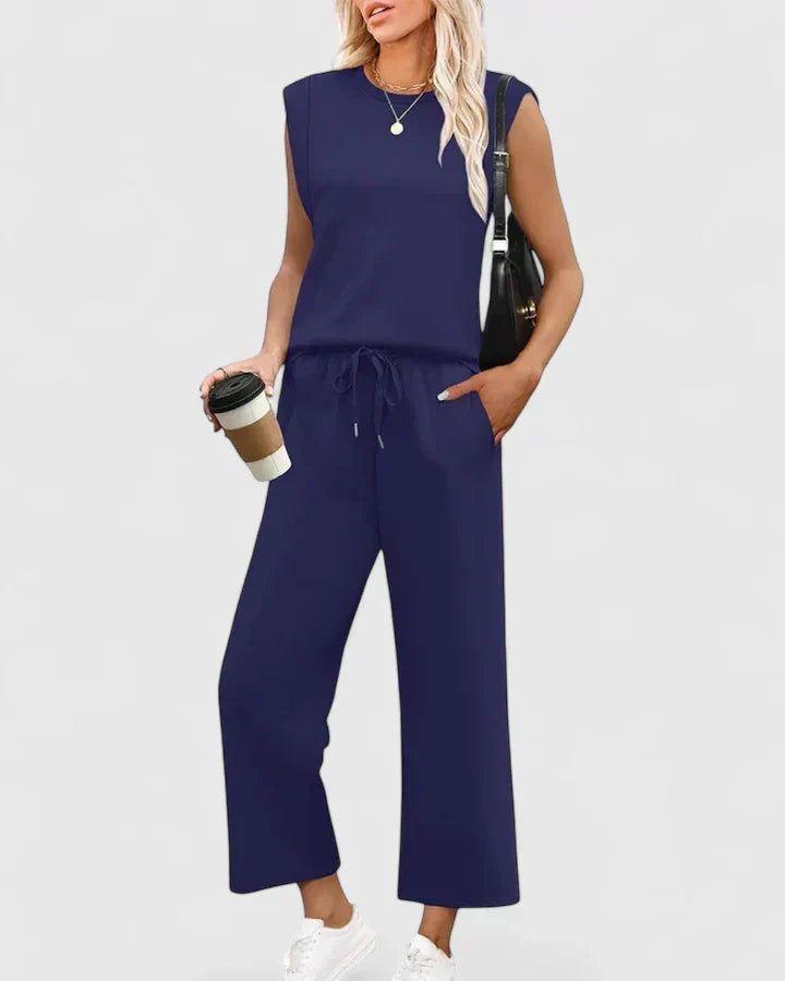 Sleeveless Top and Drawstring Wide Leg Pants Two Piece Set