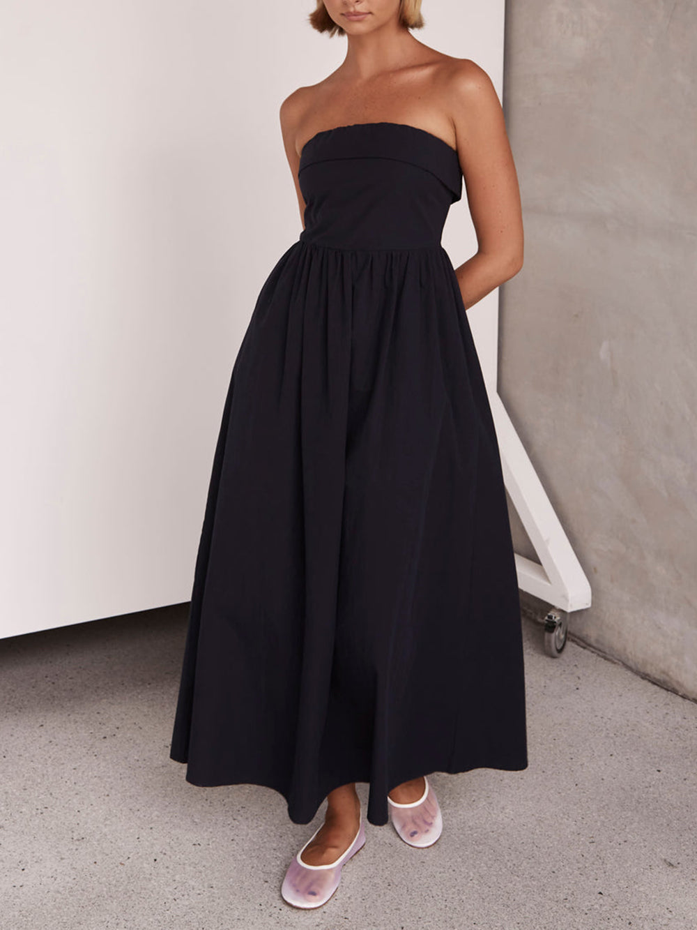 Strapless Fold Over Bandeau Gathered Waist A-Line Maxi Dress 2