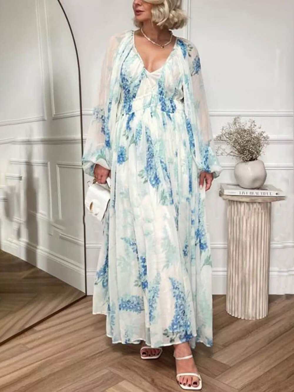 Floral Chiffon Deep V-Neck Balloon Sleeve Drawstring Waist Maxi Dress 3