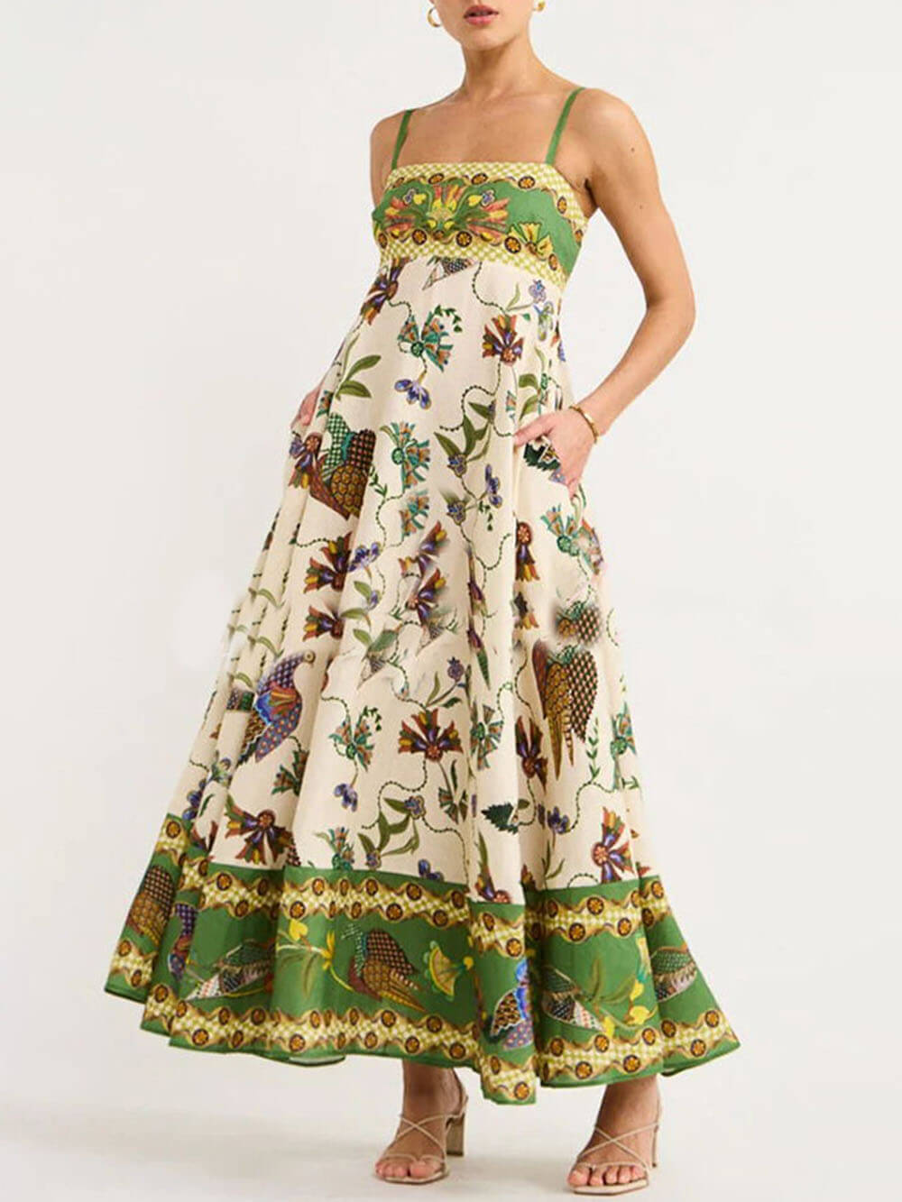 Botanical Border Print Square Neck Empire Waist Pocket Maxi Dress 3