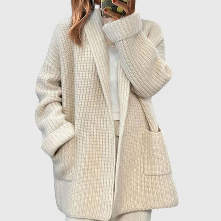 Shawl Collar Open Front Pocket Longline Chunky Knit Cardigan
