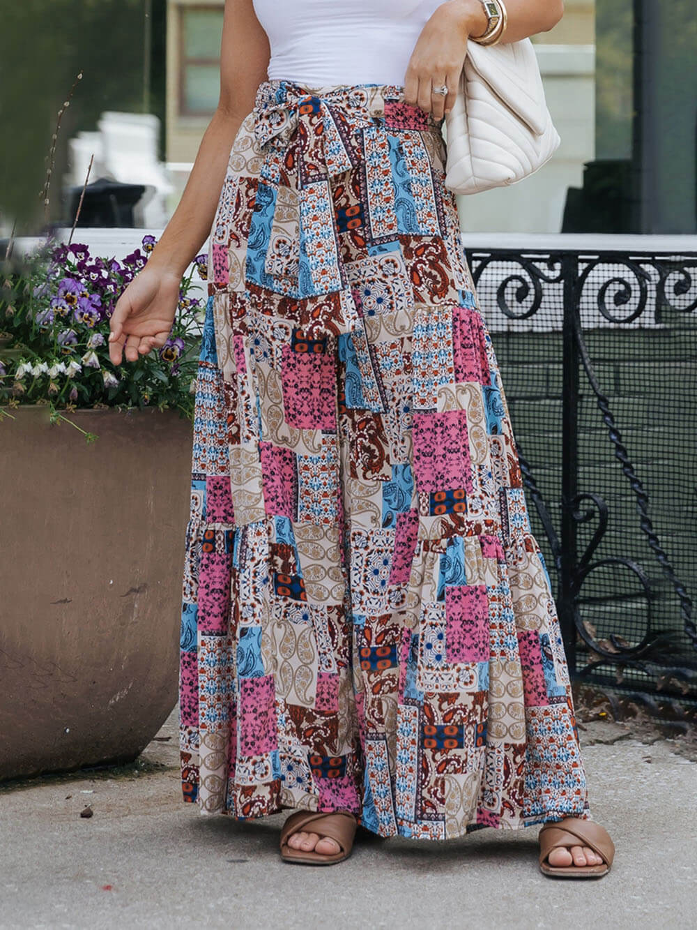Patchwork Print Tie Waist Tiered Maxi Skirt