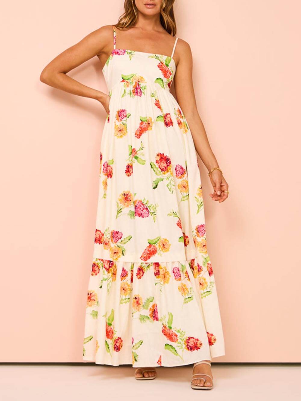 Floral Print Square Neck Spaghetti Strap Tiered Maxi Dress