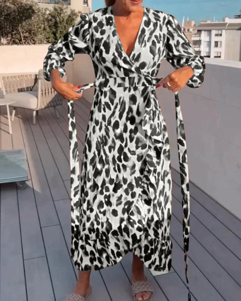 Exuperancia V-neck Leopard Print Dress for Women Weekend Casual Style