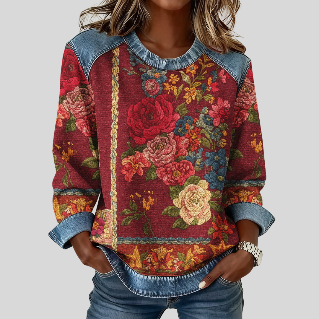 Floral Print Crew Neck Long Sleeve Denim Trim Sweatshirt