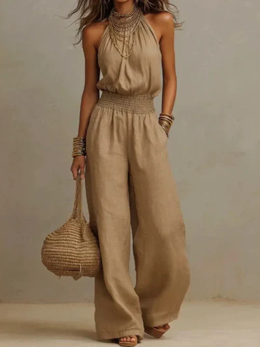 Halter Neck Smocked Waist Wide Leg Jumpsuit