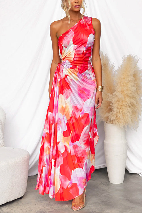 Floral Print One Shoulder Pleated Maxi Dress