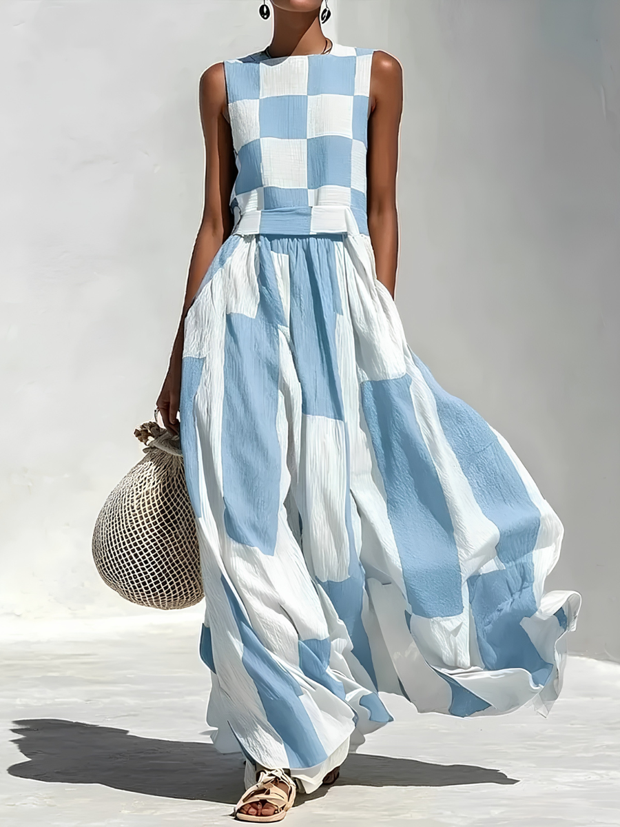 Ardenne | Plaid and Stripe Panelled Sleeveless Maxi Dress