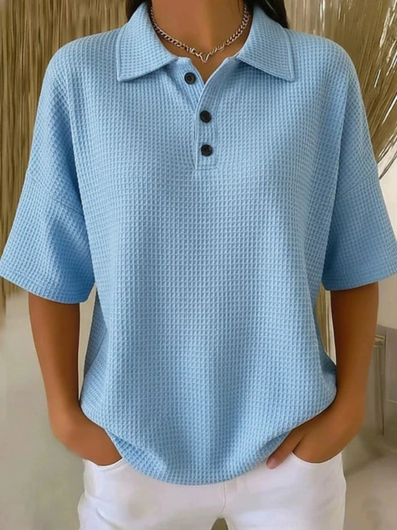 Waffle Knit Collared Short Sleeve Polo Top