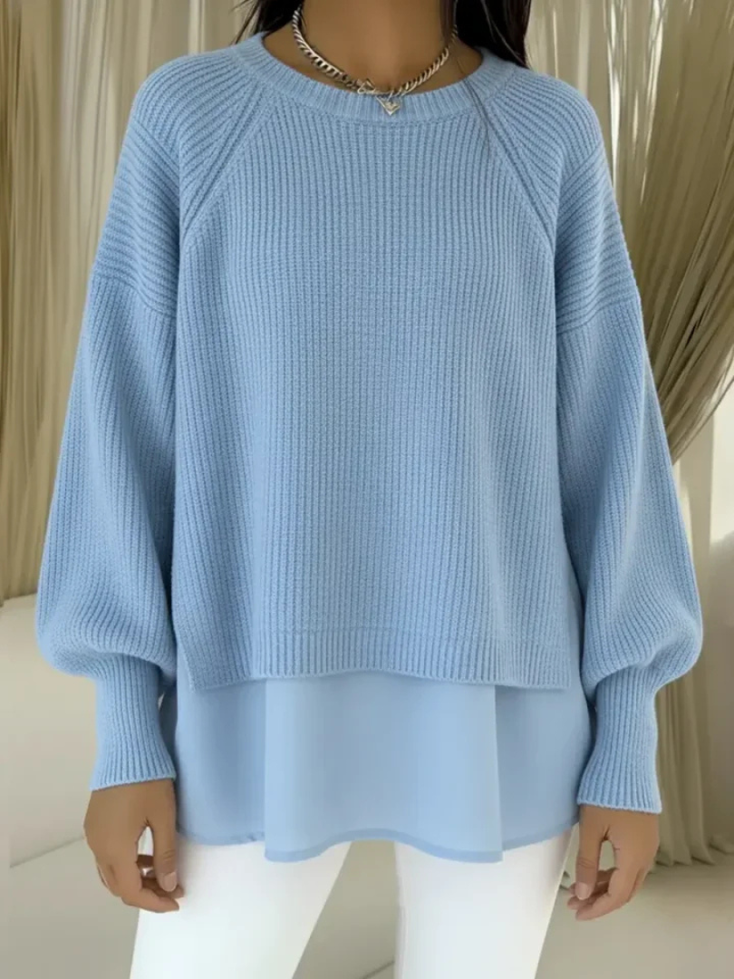 Crew Neck Layered Chiffon Hem Ribbed Knit Sweater