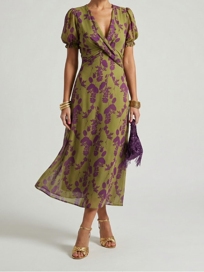 Floral V-Neck Puff Sleeve Wrap Midi Dress